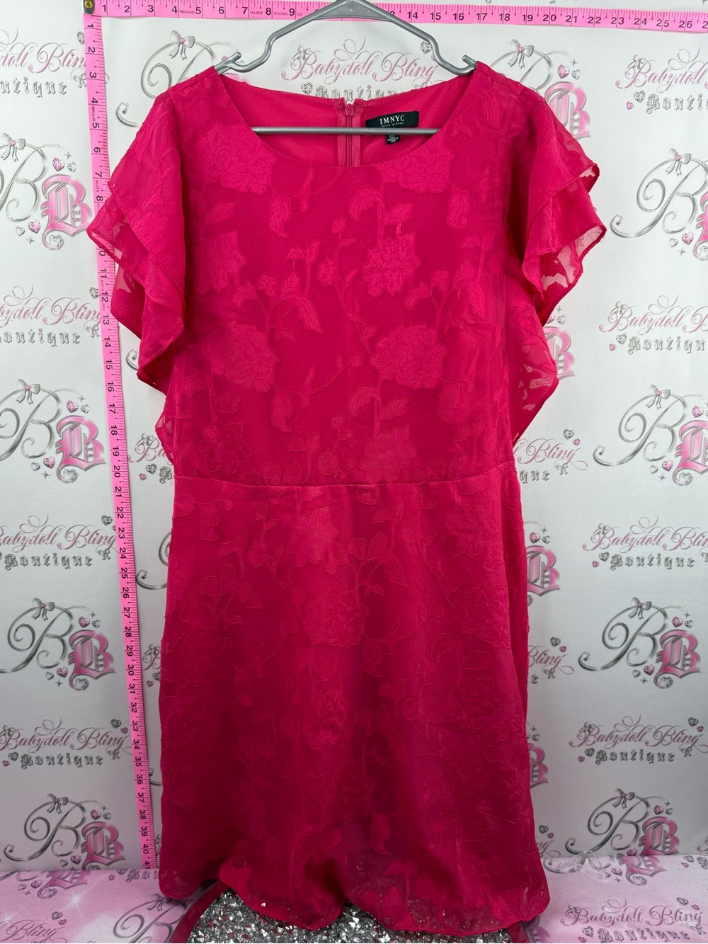 IMNYC Fuchsia Floral Jacquard Midi Dress with Flutter Sleeves